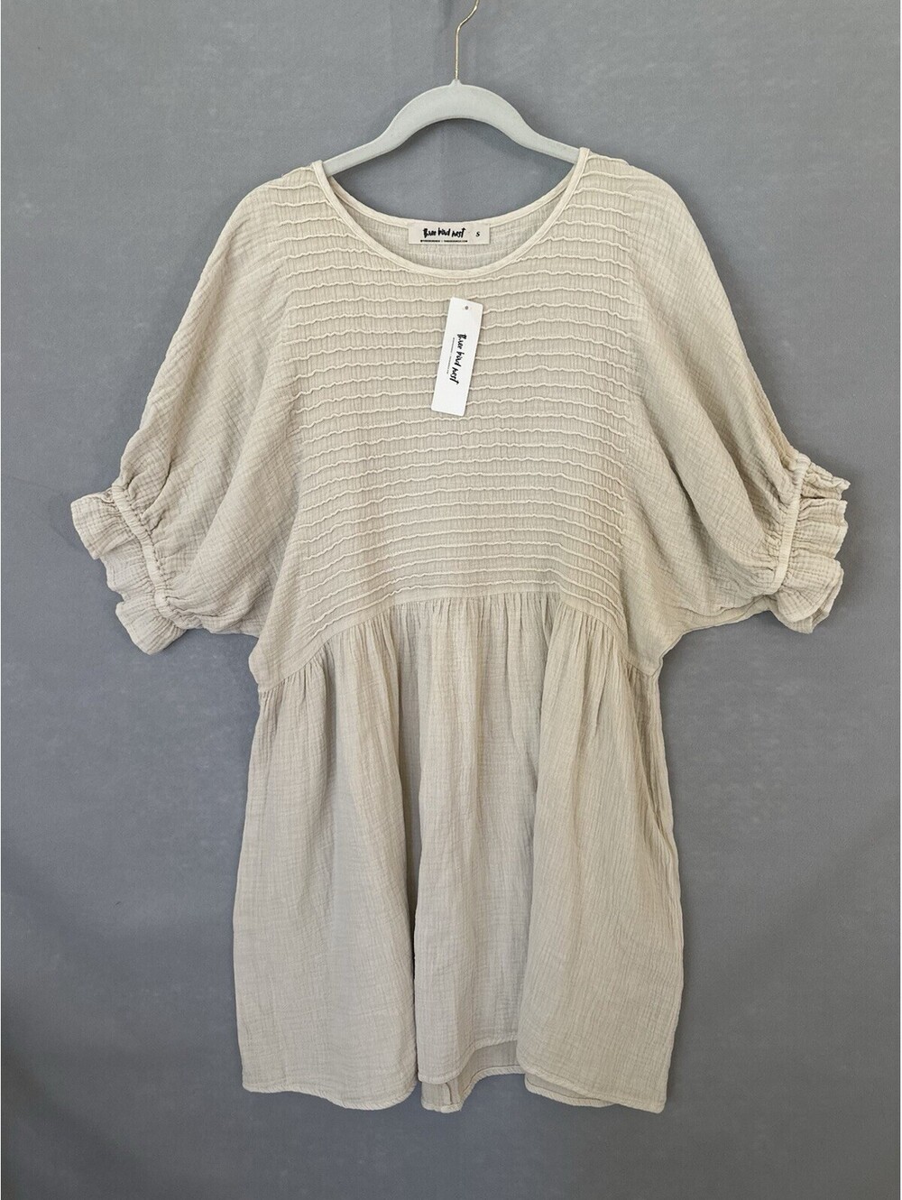 Three Bird Nest Quinn Puff Sleeve Mini Dress in Natural, Small, Boho, Festival